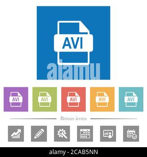 AVI file format flat white icons in square backgrounds. 6 bonus icons included. Stock Vector