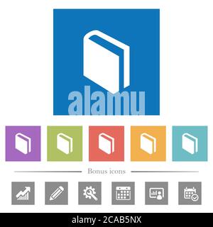 Single book flat white icons in square backgrounds. 6 bonus icons included. Stock Vector