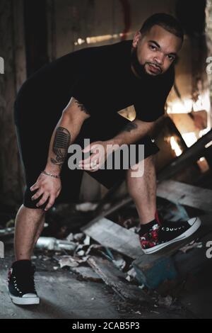 Portrait of African American/black model in abandoned/building house in Kentucky Stock Photo