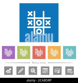 Tic tac toe game flat white icons in square backgrounds. 6 bonus icons included. Stock Vector