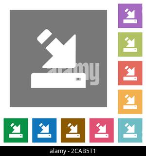 Import to device flat icons on simple color square backgrounds Stock Vector