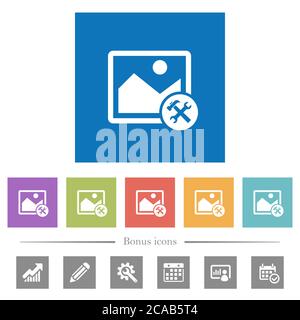 Image tools flat white icons in square backgrounds. 6 bonus icons included. Stock Vector