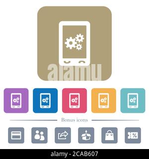 Mobile preferences white flat icons on color rounded square backgrounds. 6 bonus icons included Stock Vector