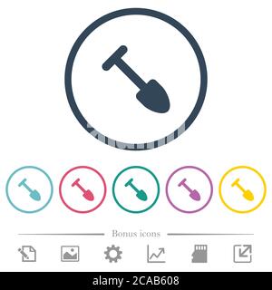 Shovel flat color icons in round outlines. 6 bonus icons included. Stock Vector