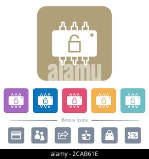 Hardware unlocked white flat icons on color rounded square backgrounds. 6 bonus icons included Stock Vector