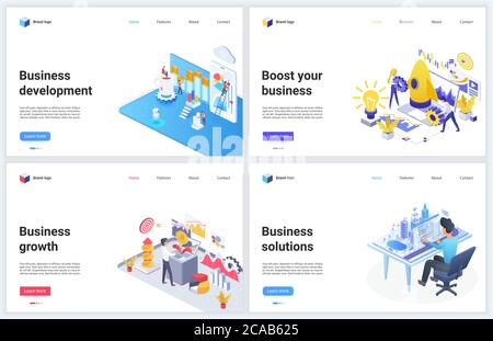 Isometric technology for business development vector illustration. Cartoon 3d mobile website design concept banner set for businessman developing project startup process, successful financial solution Stock Vector