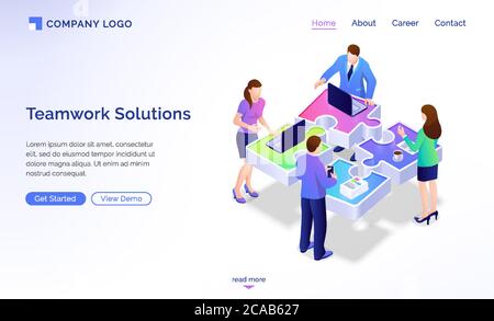 Teamwork solutions isometric landing page. Team of business people working at office desk in shape of connected puzzle pieces. Cooperation, partnership, connection. 3d vector illustration, web banner Stock Vector