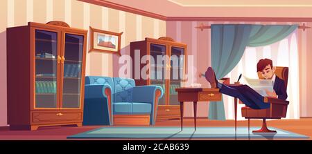 Businessman in vip cabinet reading finance news in newspaper and drinking coffee at morning. Man in formal suit sitting with legs on bureau table read finance publication. Cartoon vector illustration Stock Vector