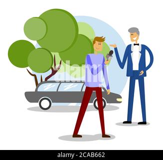 Journalist or reporter interviews a celebrity. limousine. News presenter, man newsreader or newscaster broadcasting. Man with Tv interview microphone Stock Vector