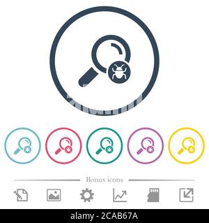 Scanning for malware flat color icons in round outlines. 6 bonus icons included. Stock Vector