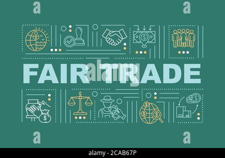 Fair trade policy word concepts banner. Buy and sell products. Ethical responsibility. Infographics with linear icons on green background. Isolated ty Stock Vector