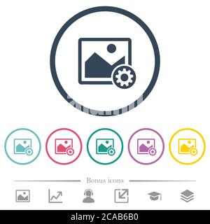 Image settings flat color icons in round outlines. 6 bonus icons included. Stock Vector