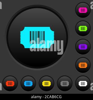 Ticket with barcode dark push buttons with vivid color icons on dark grey background Stock Vector