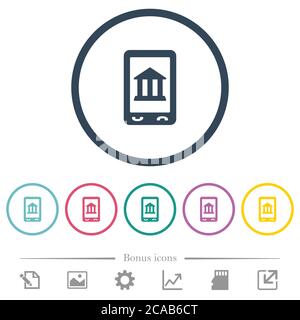 Mobile banking flat color icons in round outlines. 6 bonus icons included. Stock Vector