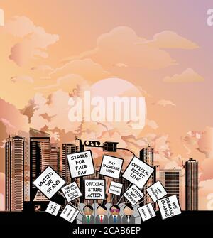 Workers on strike marching through generic city demonstrating with their grievances and demands on placards Stock Vector