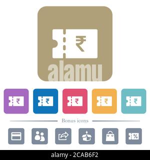 Indian Rupee discount coupon white flat icons on color rounded square backgrounds. 6 bonus icons included Stock Vector