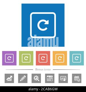 Rotate object right flat white icons in square backgrounds. 6 bonus icons included. Stock Vector