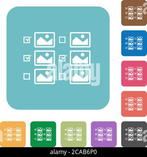 Multiple image selection with checkboxes white flat icons on color rounded square backgrounds Stock Vector