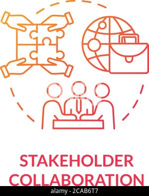 Stakeholder collaboration red gradient concept icon. Teamwork for project. Networking and partnership. Corporate cooperation idea thin line illustrati Stock Vector