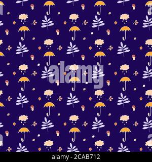 Seamless pattern. Autumn leaves, branches, berries and mushrooms, umbrella and clouds with drops on a dark blue background. For autumn decoration and Stock Vector