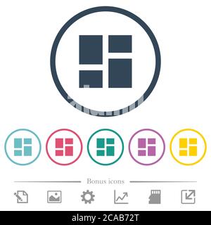 Admin dashboard panels flat color icons in round outlines. 6 bonus icons included. Stock Vector