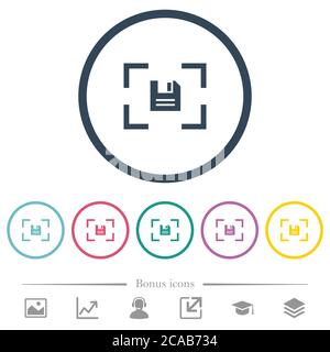 Camera save image flat color icons in round outlines. 6 bonus icons included. Stock Vector