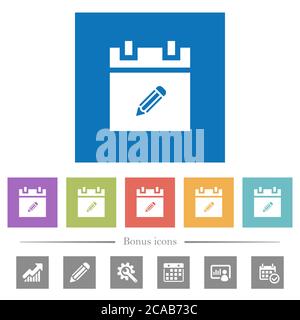 Edit schedule item flat white icons in square backgrounds. 6 bonus icons included. Stock Vector