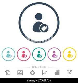 Tagging user flat color icons in round outlines. 6 bonus icons included. Stock Vector