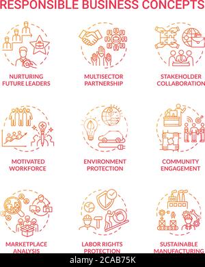 Responsible business red gradient concept icons set. Nurture future leader. Environment protection. Sustainable development idea thin line RGB color i Stock Vector