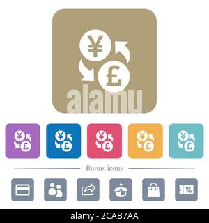 Yen Pound money exchange white flat icons on color rounded square backgrounds. 6 bonus icons included Stock Vector