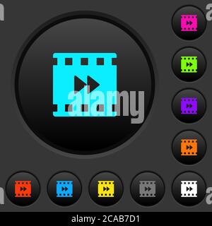 Movie fast forward dark push buttons with vivid color icons on dark grey background Stock Vector