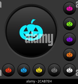 Halloween pumpkin dark push buttons with vivid color icons on dark grey background Stock Vector