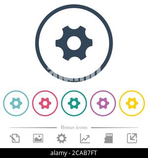 Single cogwheel flat color icons in round outlines. 6 bonus icons included. Stock Vector