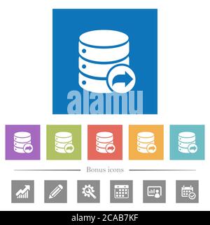 Database transaction commit flat white icons in square backgrounds. 6 bonus icons included. Stock Vector