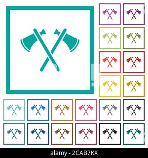 Two tomahawks flat color icons with quadrant frames on white background Stock Vector