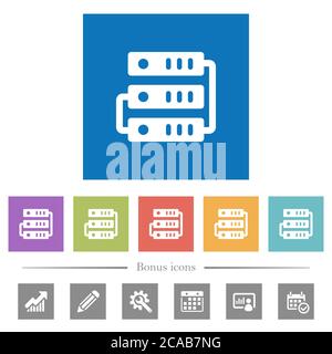 Connected servers flat white icons in square backgrounds. 6 bonus icons included. Stock Vector