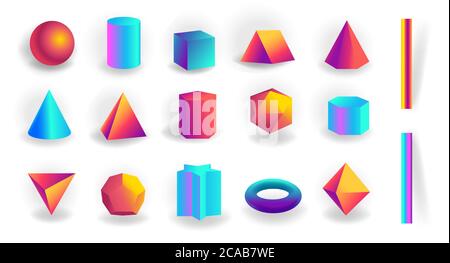 Set of 3d geometric shapes and editable strokes with holographic gradient isolated Stock Vector