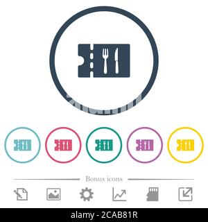 Dinner discount coupon flat color icons in round outlines. 6 bonus icons included. Stock Vector