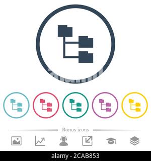 Folder structure flat color icons in round outlines. 6 bonus icons included. Stock Vector