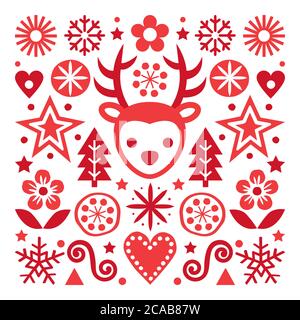 Christmas Scandinavian folk art vector red greeting card design, cute festive pattern with reindeer, snowflakes, hearts, stars, Christmas trees and fl Stock Vector
