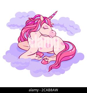 Cute magical unicorn with hearts sleeps on the clouds. Stock Vector