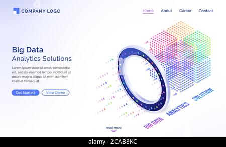 Big data analytics solutions isometric landing page, information technology concept, info blocks flow through luminous circle, datum traffic analysis, server room with connections 3d vector web banner Stock Vector
