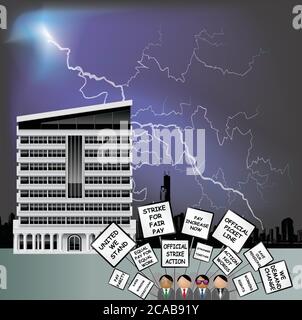 Workers on strike demonstrating with their demands on placards outside office building set against a thunder storm sky Stock Vector