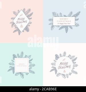 Set of Christmas Foliage Cards, Signs or Logo Templates. Abstract Hand Drawn Christmas Illustrations with Borders and Classy Typography. Good for Stock Vector