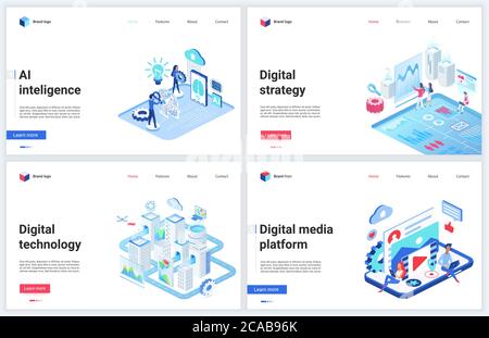 Isometric digital social media technology vector illustration. Cartoon 3d mobile website design template set, concept banners with business service platform for storage and analysis of data mediafiles Stock Vector