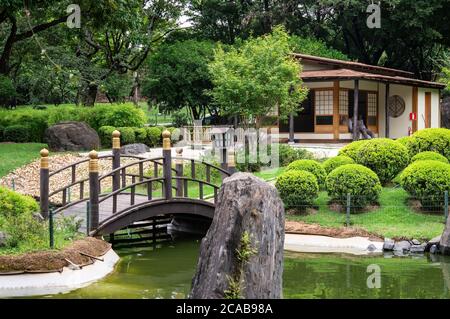 Partial view of the beautiful and colorful Japanese Garden designed by Haruho Ieda located at the entrance of Belo Horizonte zoological garden. Stock Photo
