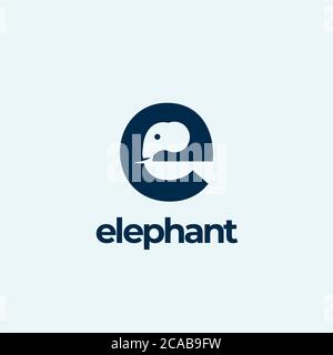 Elephant Abstract Vector Logo Template, Sign or Icon. Elephant Head Incorporated in the Letter E. Negative Space Concept with Modern Typography. Stock Vector