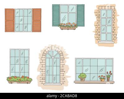 Windows set graphic color isolated sketch set illustration vector Stock Vector