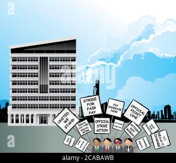 Workers on strike demonstrating with their demands on placards outside office building set against a blue cloudy sky Stock Vector