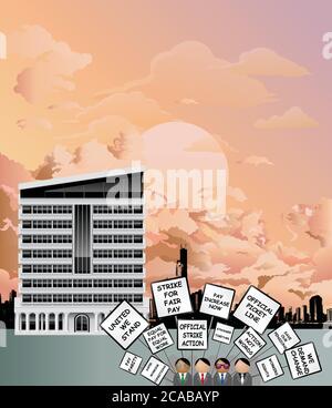 Workers on strike demonstrating with their demands on placards outside office building set against a dawn or dusk sky Stock Vector